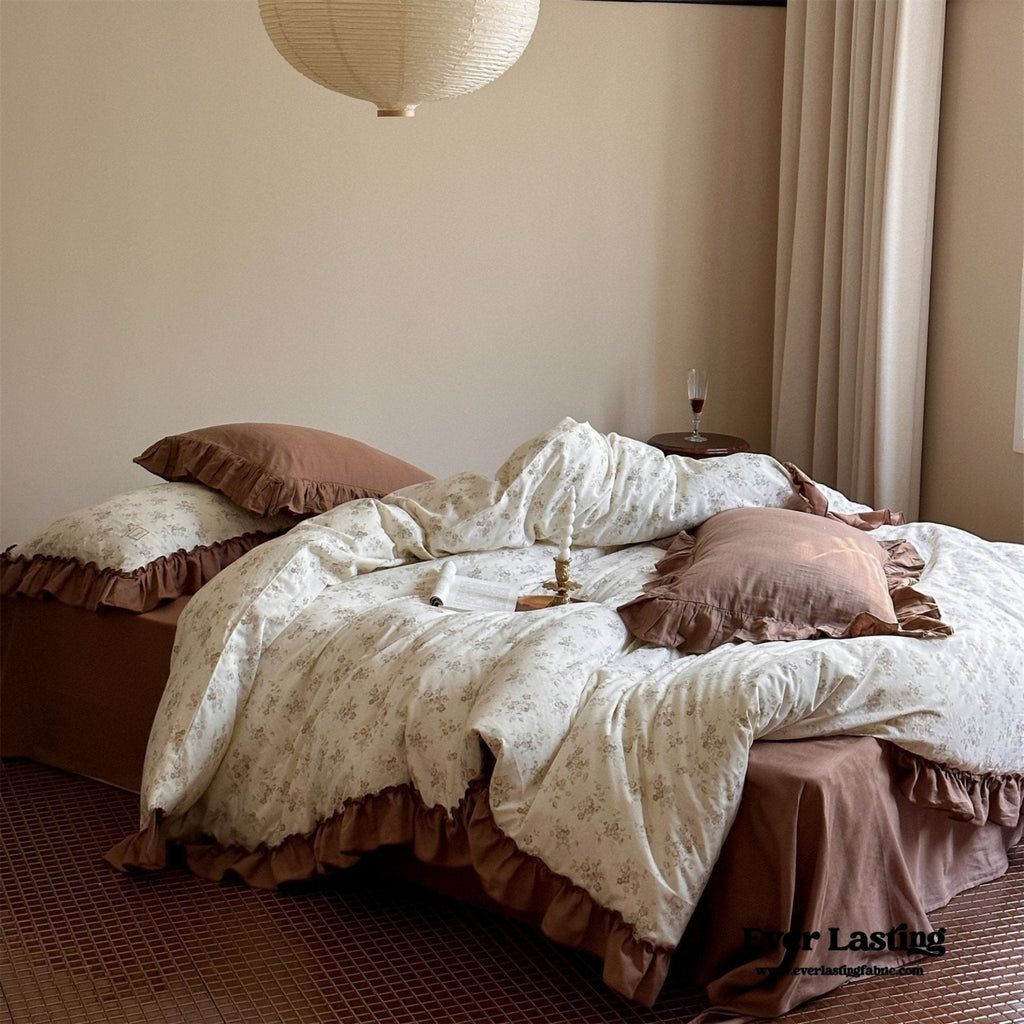 Cottage Inspired Ruffle Bedding Set / Soft Brown