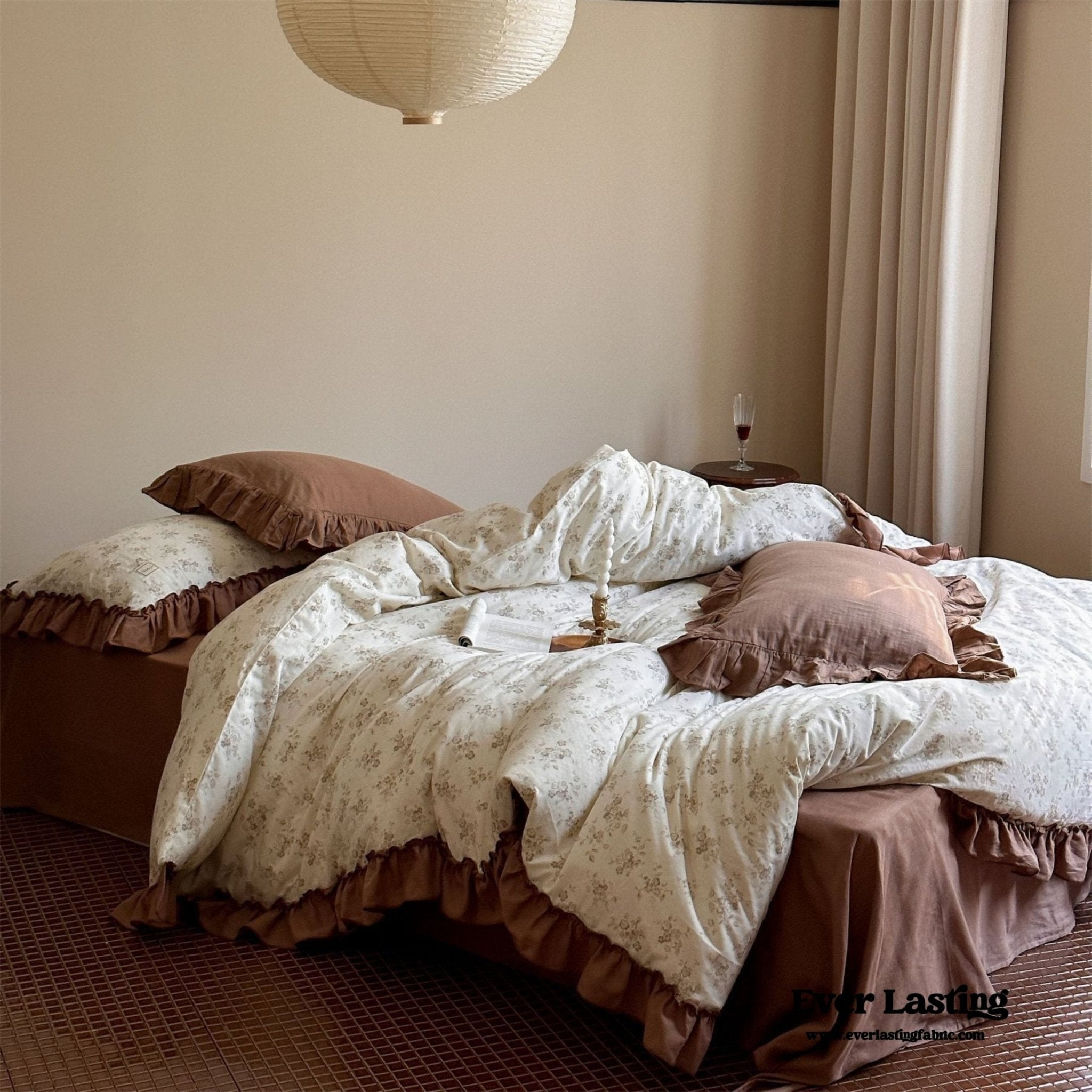 Cottage Inspired Ruffle Bedding Set / Soft Brown