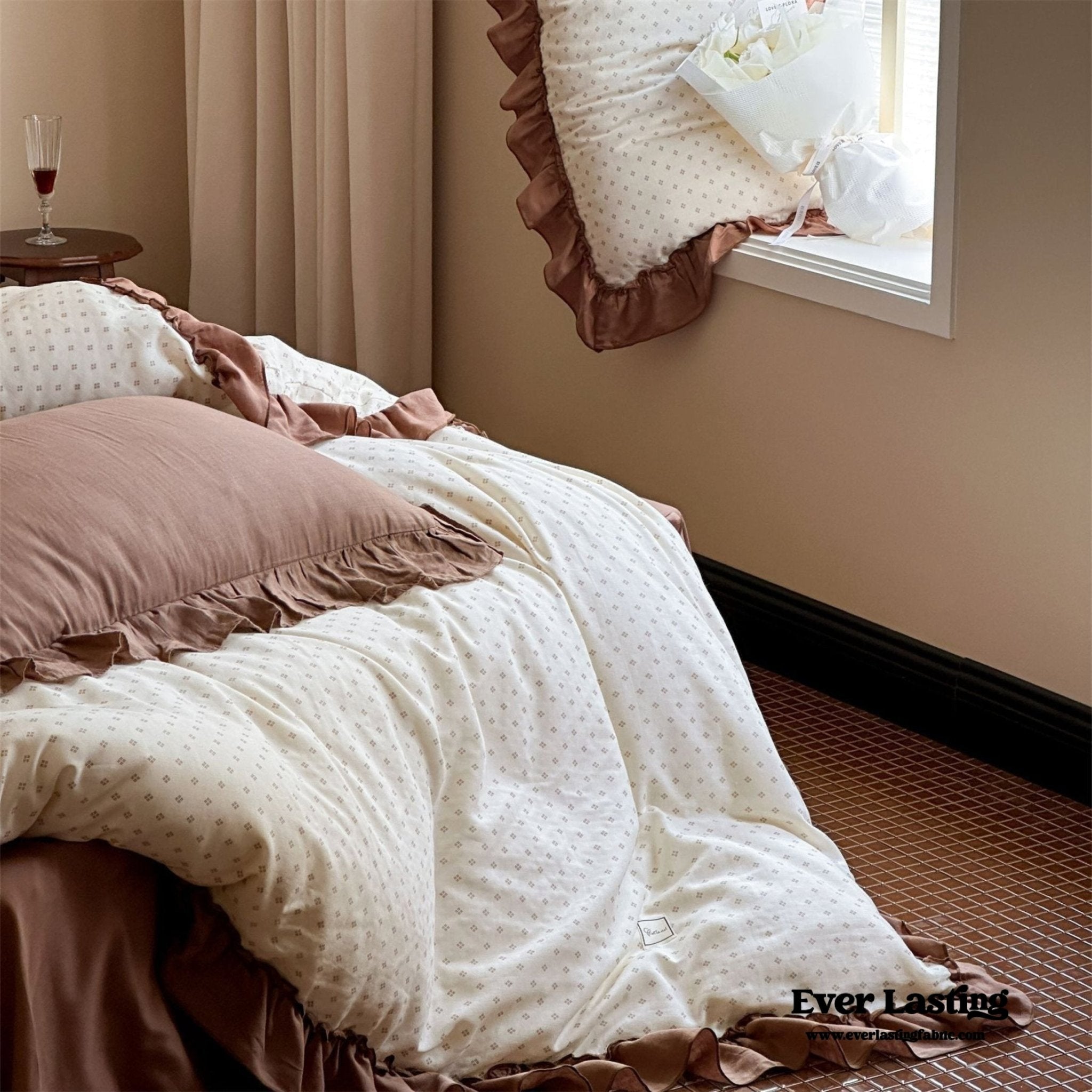 Cottage Inspired Ruffle Bedding Set / Soft Brown