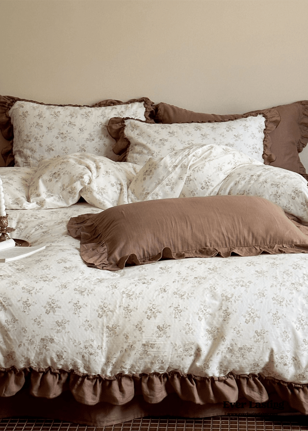 Cottage Inspired Ruffle Bedding Set / Soft Brown