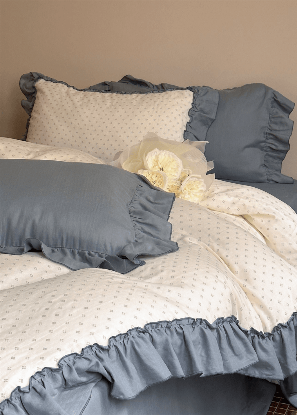 Cottage Inspired Ruffle Bedding Set / Ash Blue