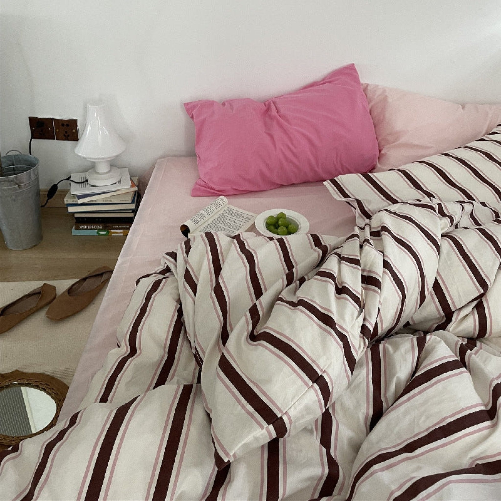 Cozy Washed Cotton Striped Bedding Set / Pink