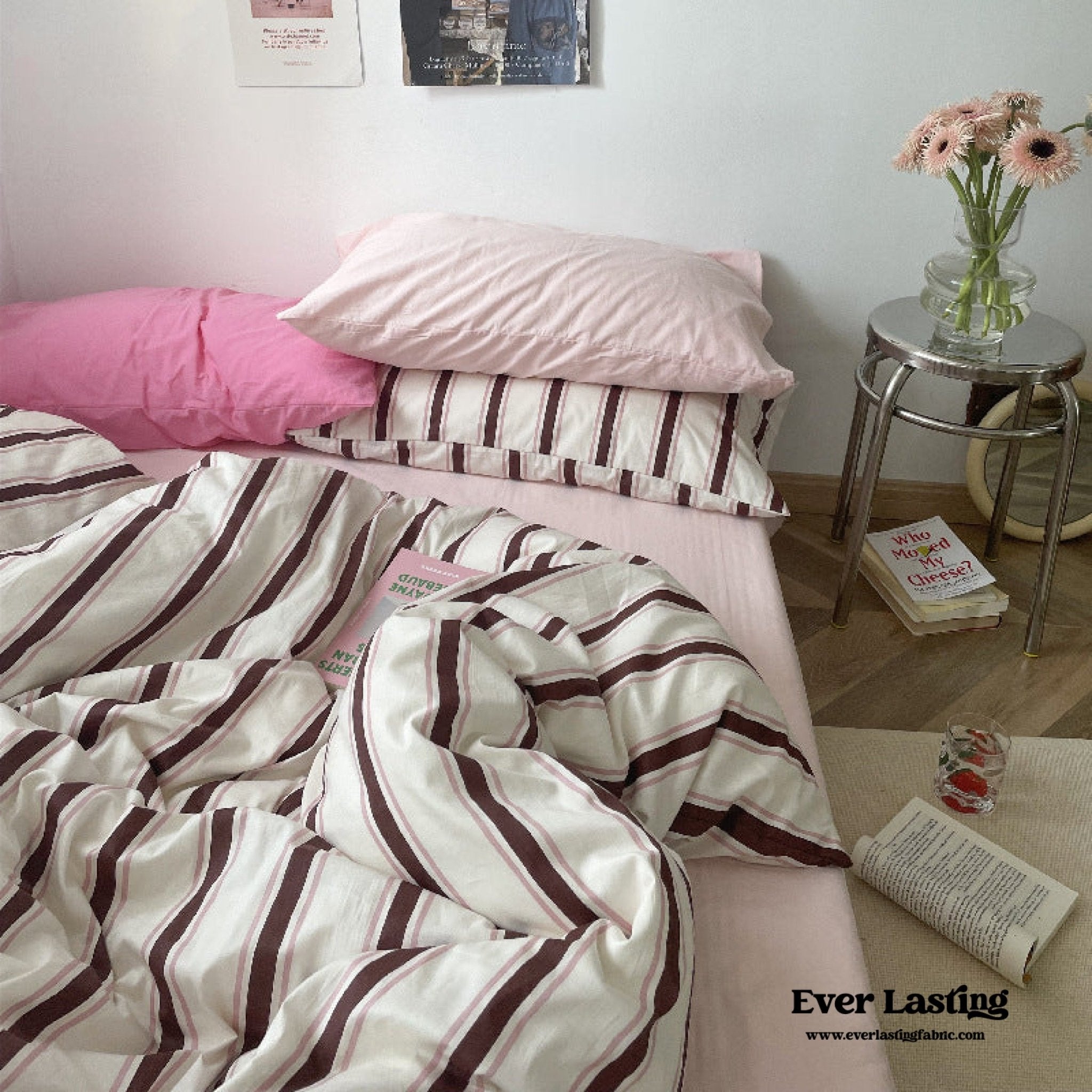Cozy Washed Cotton Striped Bedding Set / Pink