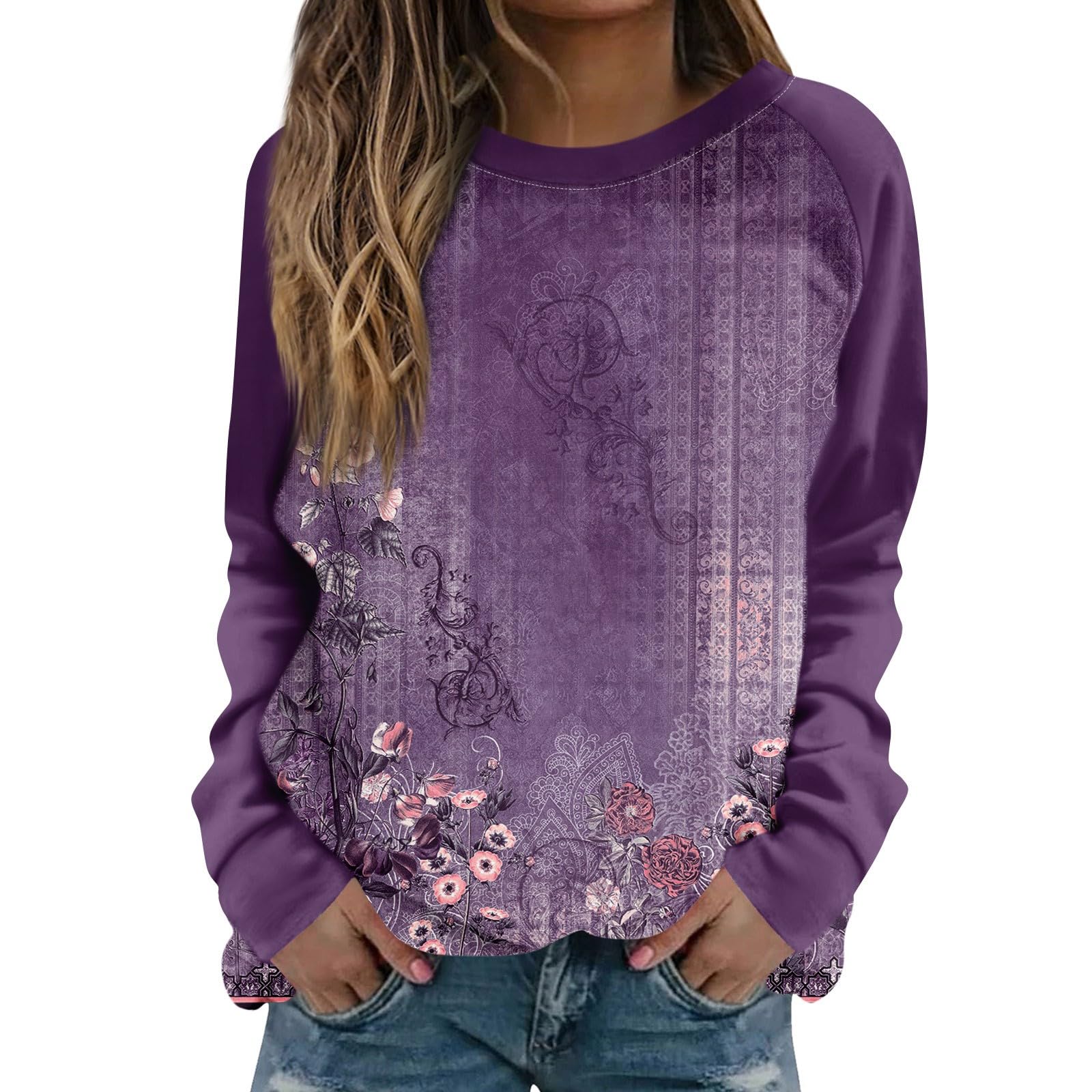Womens Clothes Oversized Sweatshirt for Women Womens Oversized Sweatshirt Long Sleeve Floral Print Vintage Shirts Crewneck Trendy Loose Fit Sweater Women Fashion Red XXL