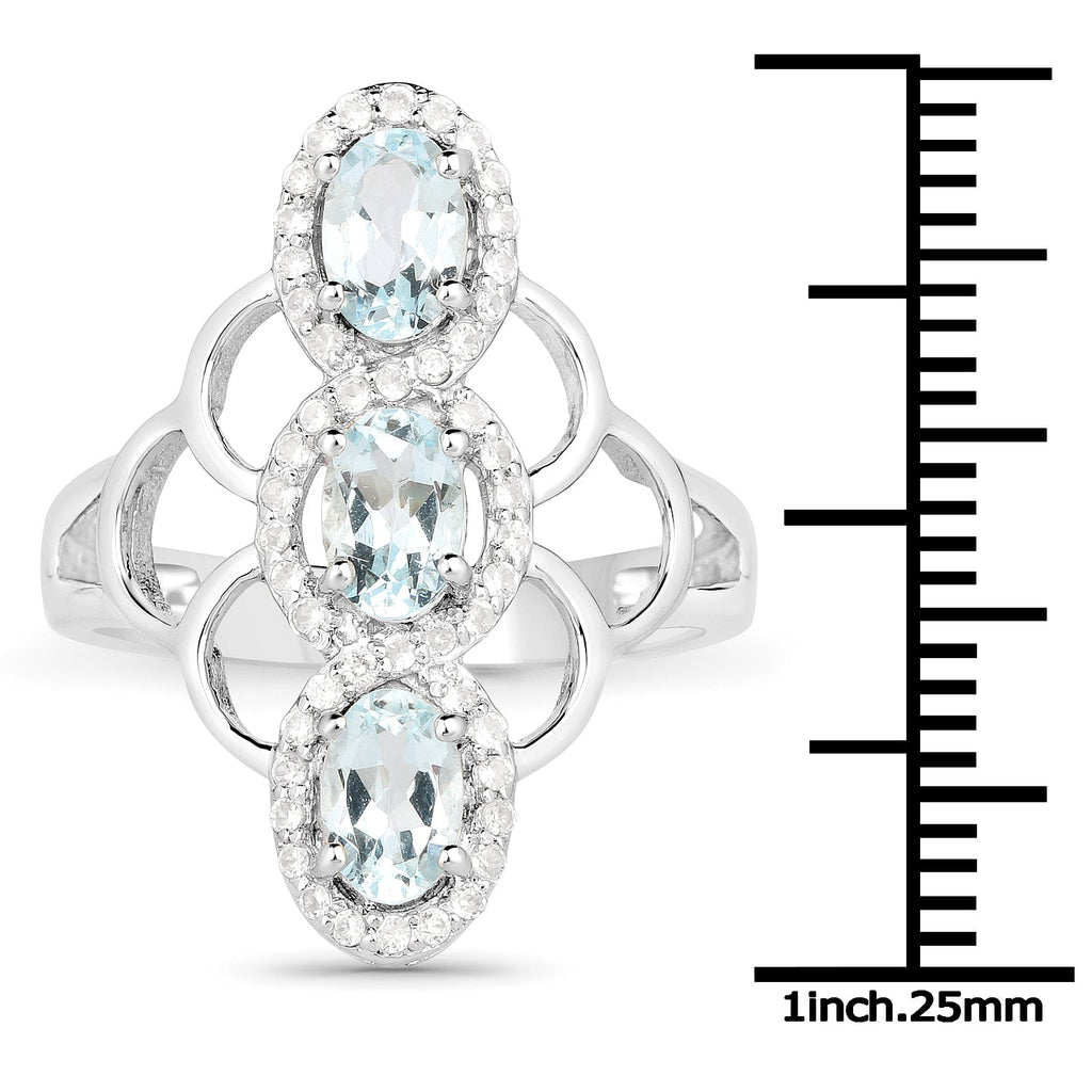 1.54 Carat Genuine Aquamarine and White Zircon .925 Sterling Silver Ring