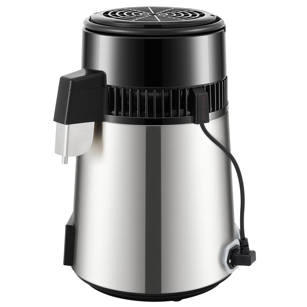 1.1 Gal Water Distiller, 0.3 Gal/H, 750W Distilled Water Maker Machine 0-99H Timing Set Temp Display, 304 Stainless Steel Countertop Distiller Glass Carafe Cleaning Powder 3 Carbon Packs, Silver