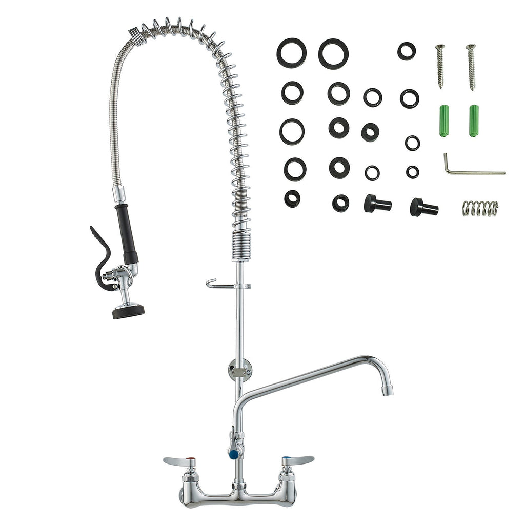 Commercial Faucet with Pre-Rinse Sprayer, 36' Height, 8' Center, 12' Swing Spout, Wall Mount Kitchen Sink Faucet, Brass Constructed Device with Pull Down Spray, for 1/2/3 Compartment Sink