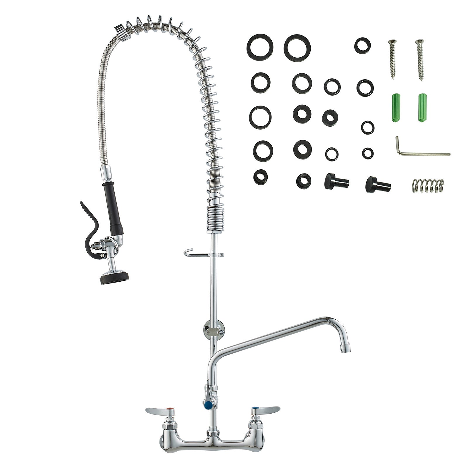 Commercial Faucet with Pre-Rinse Sprayer, 36' Height, 8' Center, 12' Swing Spout, Wall Mount Kitchen Sink Faucet, Brass Constructed Device with Pull Down Spray, for 1/2/3 Compartment Sink