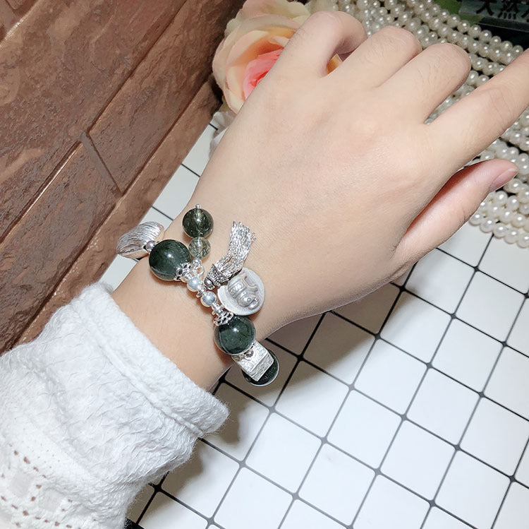 Vintage Silver Elephant Tassel Bracelet with Green Quartz
