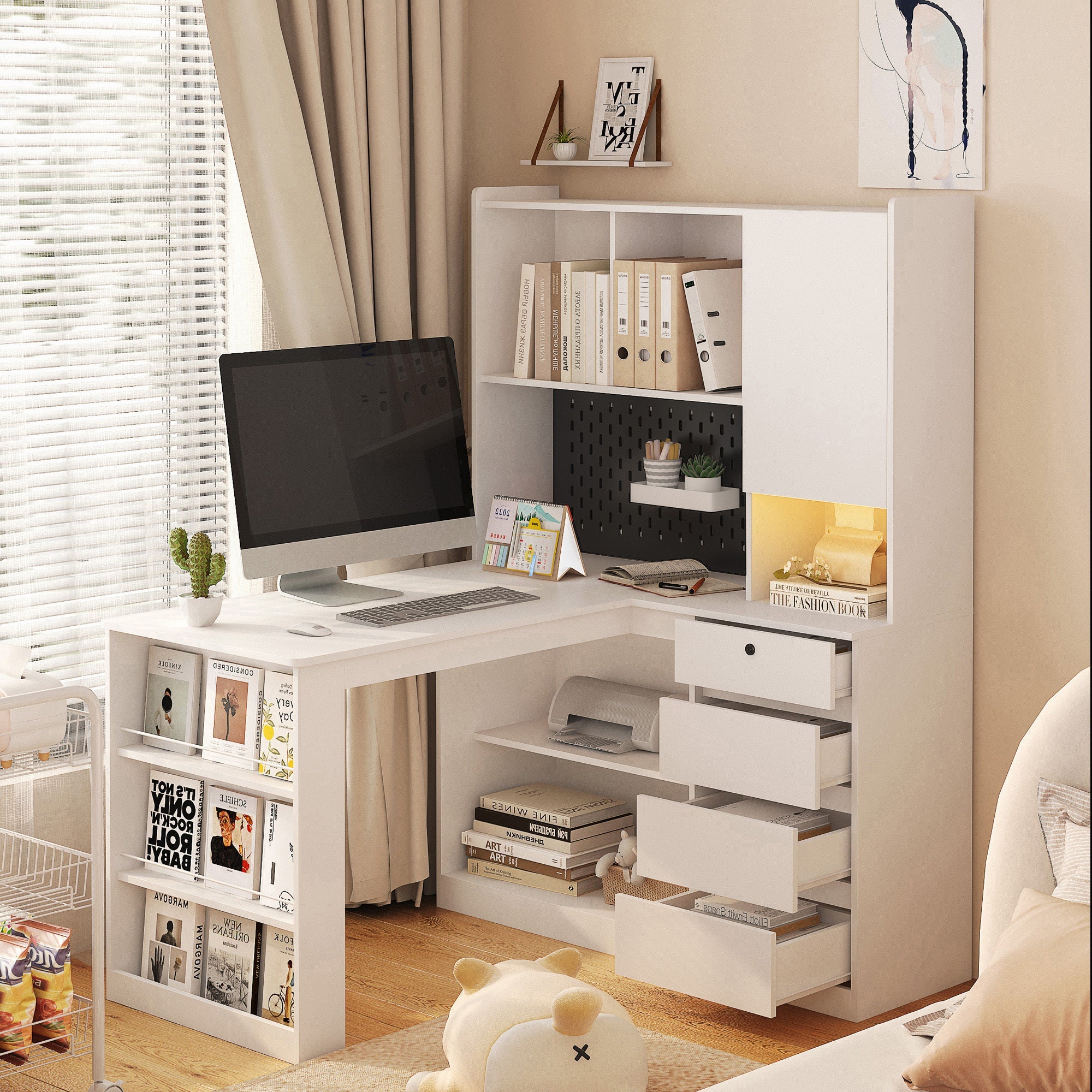 L Shaped Desk with Charger,Computer Desk with Drawers,Bookshelf, with LED Light,Modern Corner Desk,Home Office Desk,L-Shaped Study Table Writing Desk,Corner Gaming Computer Desk with Storage