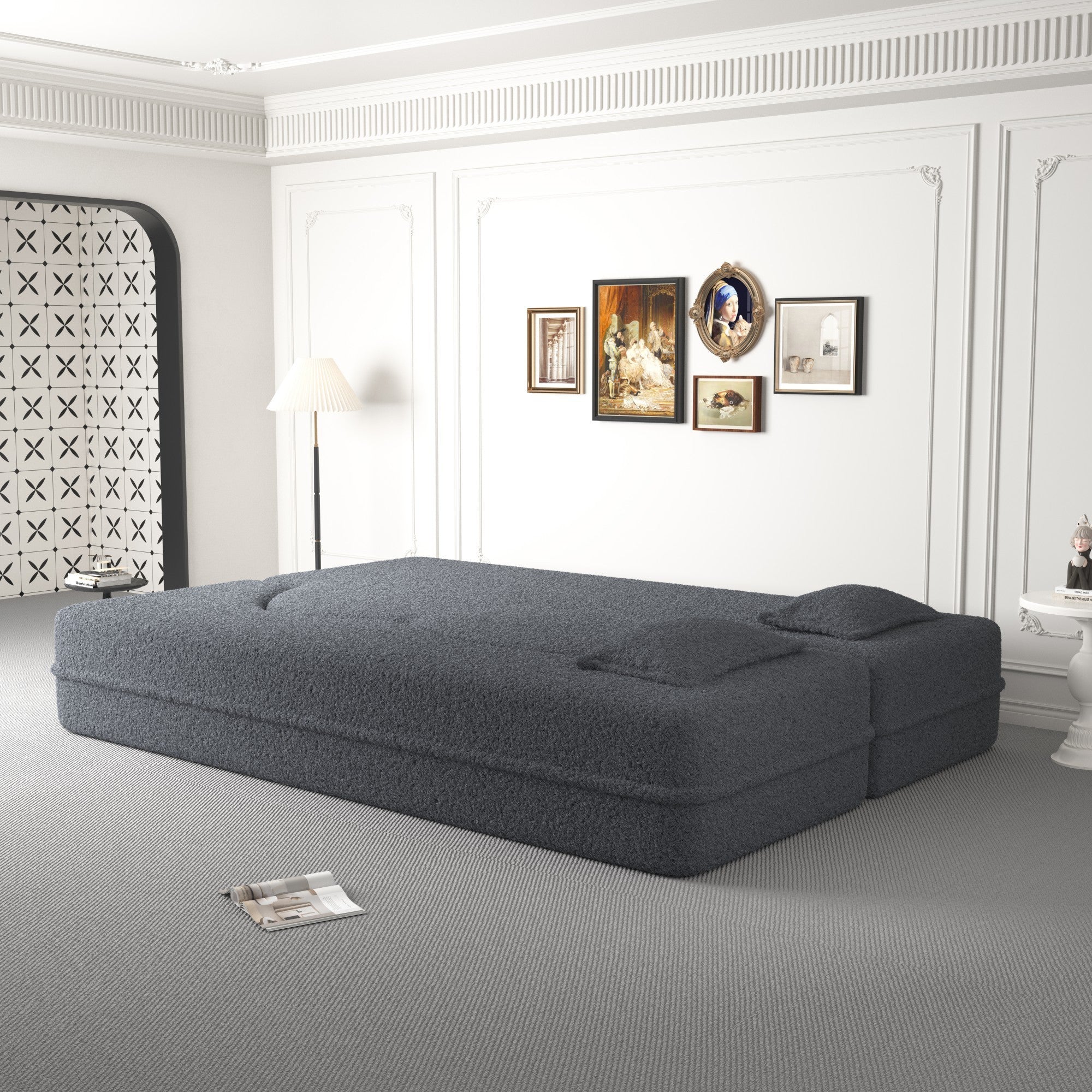 Modern Floor Sofa, with 2 Pillows, Convertible Teddy Fabric Foam Filled Bed, 15 inch Full Size Folding Mattress, Suitable for Living Room, Guest room, Game Room, Grey