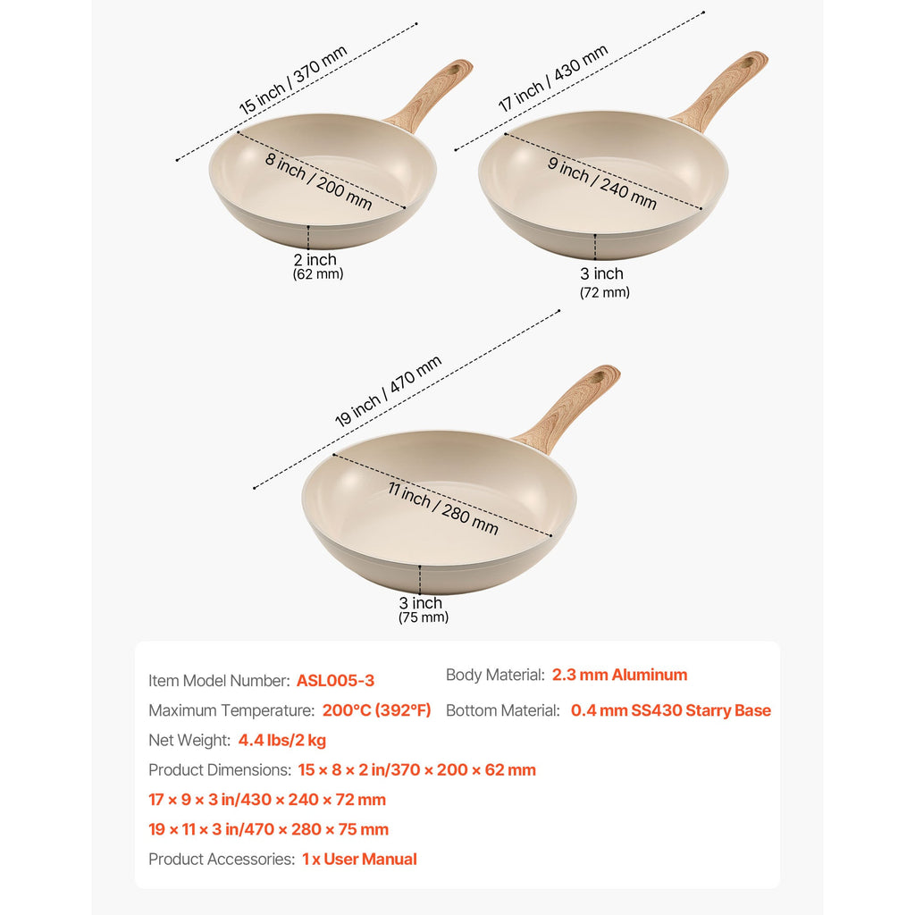 3 Piece Frying Pan Aluminum Skillet Set 8 9.5 11 in Handle Pre-Seasoned Beige