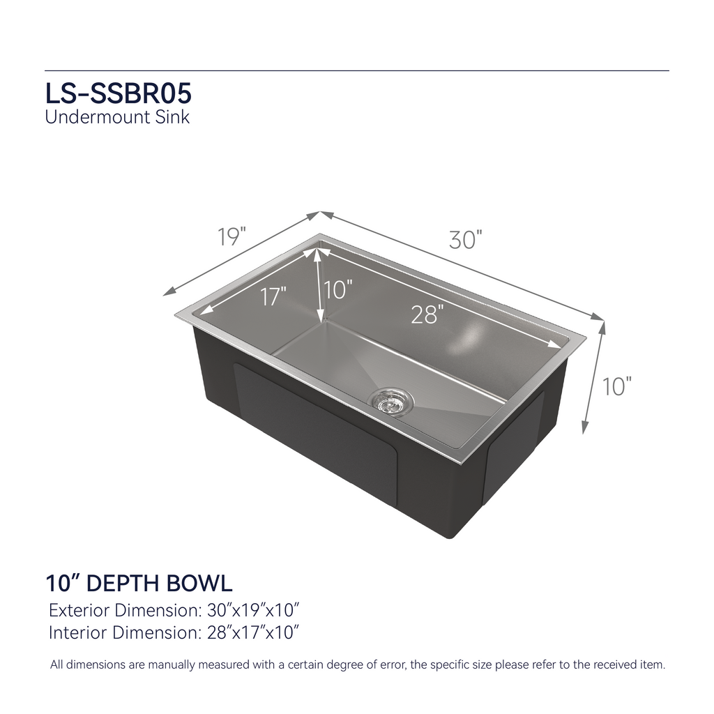 Stainless Steel Kitchen Sink, 30″x19″ Drop In Single Bowl, Undermount Handmade Sink in Brushed Nickel, with US Standard Drain and Hook, LS-SSBR05