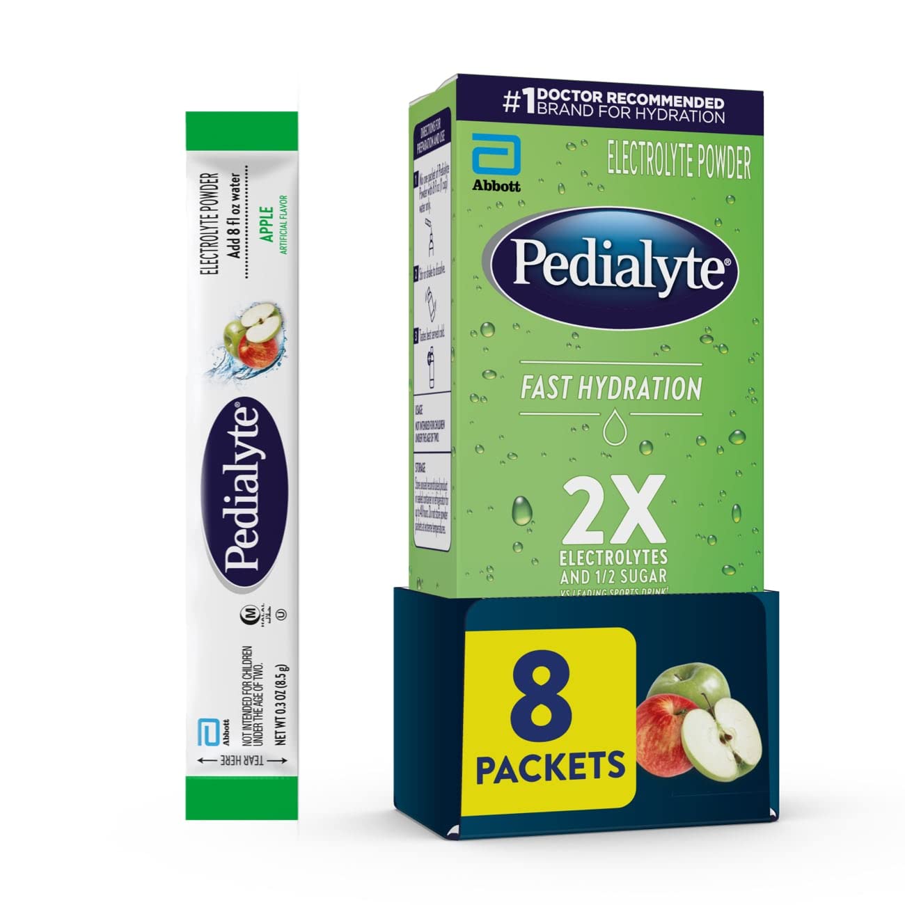 Pedialyte Fast Hydration Electrolyte Powder Packets Apple Hydration Drink 8 Single-Serving Powder Packets