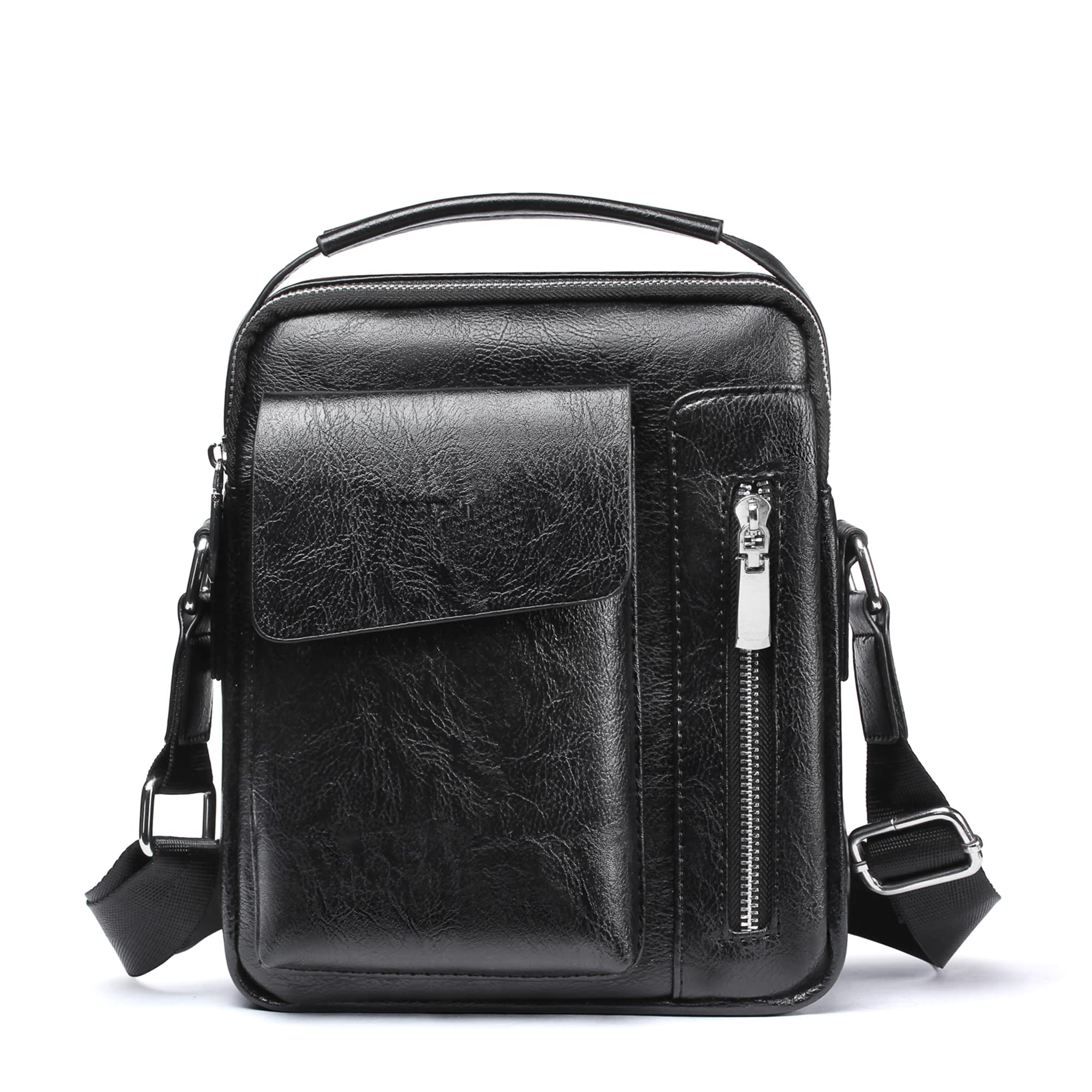 HANGMAI Leather Messenger Bags for Mens Small Crossbody Bag Shoulder Man Purse Handbag Travel for Work Business Black