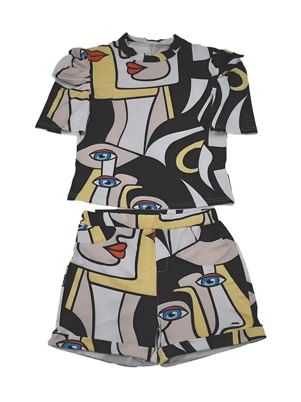 Random Abstract Print Two-Piece T-Shirt and Shorts Set
