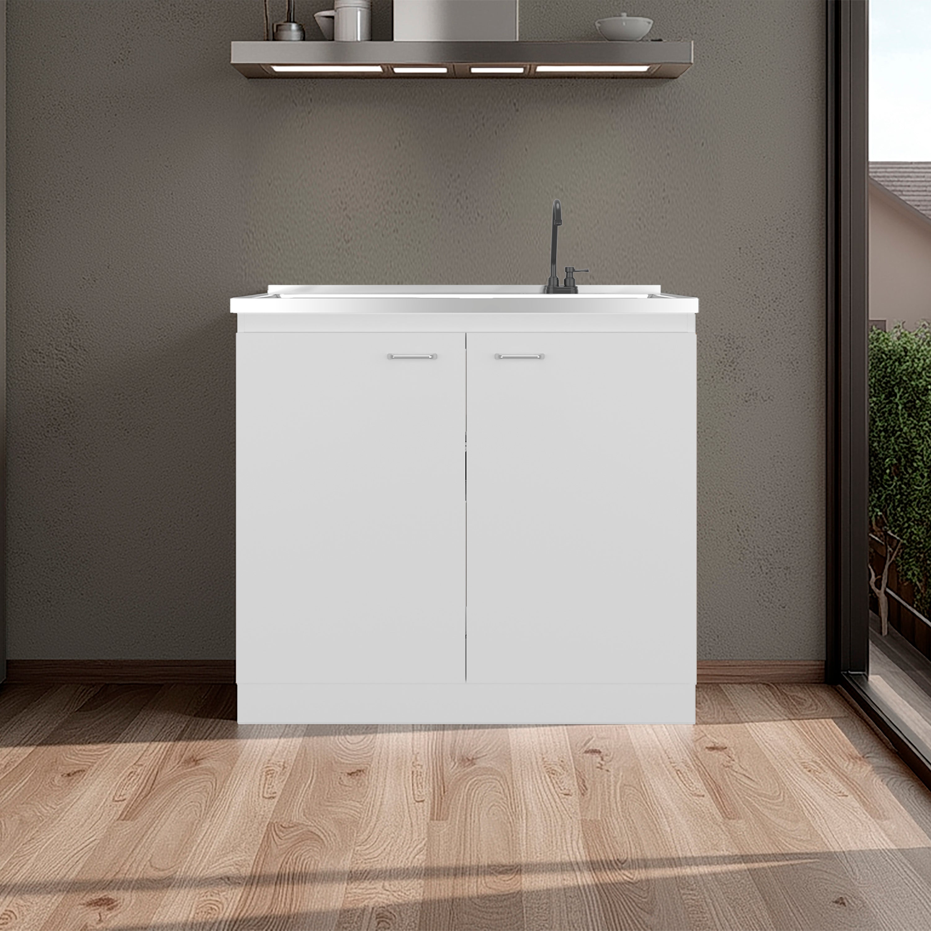 Napoles Utility Sink with Faucet Inclued and Integrated Stainless Steel Counter top, Freestanding cabinet with two doors, Metal Handles and Two interior shelves, White