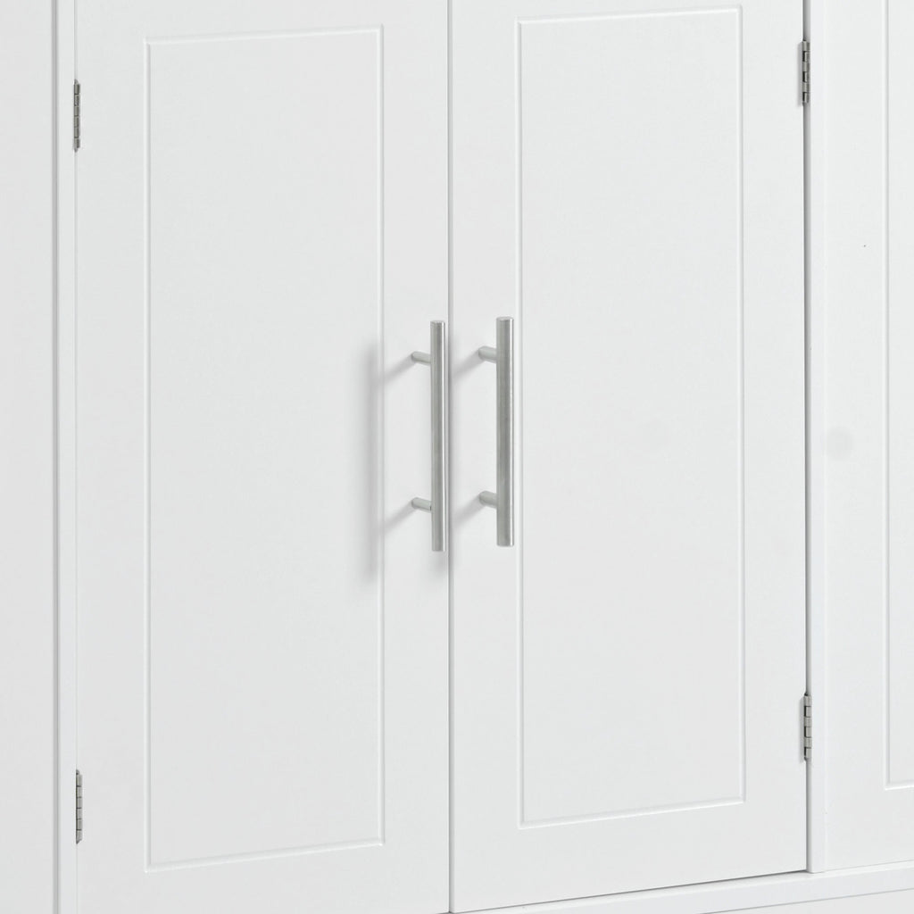 K&K Fluted Kitchen Island with Trash Can Storage Cabinet, Power Outlet, Internal Storage Rack, Rolling Kitchen Islands on 5 Wheels with 3 Drawer, 3 Open Side Racks for 10 Gallon Garbage Bin, White