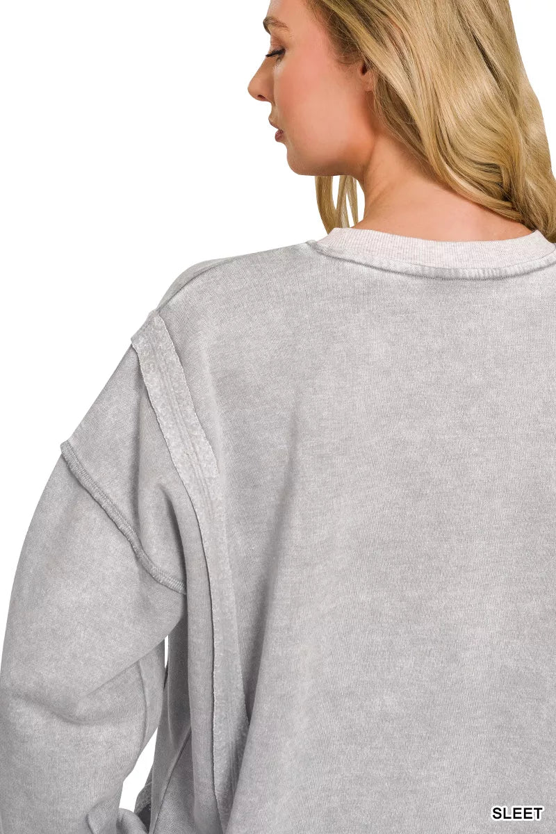 Zenana Fleece Acid Washed Contrast Trim Pullover