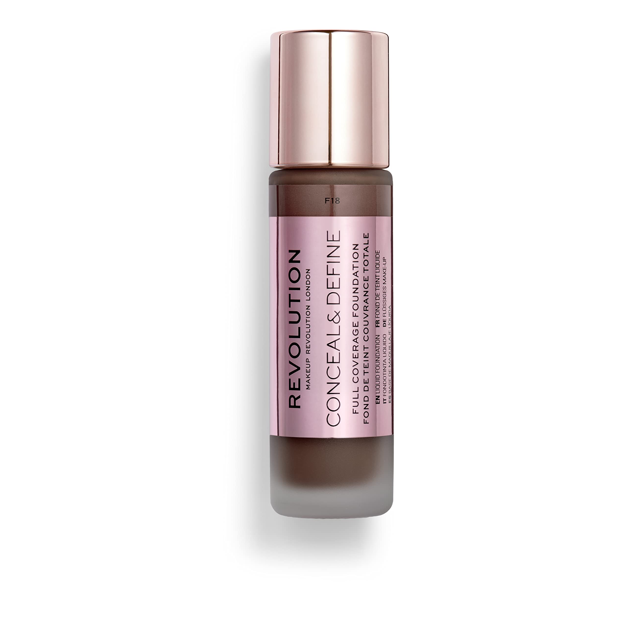 Makeup Revolution Conceal and Define Foundation Full Coverage & Matte Finish F18 for Dark Skin Tones Vegan & Cruelty-Free 0.7 Fl Oz