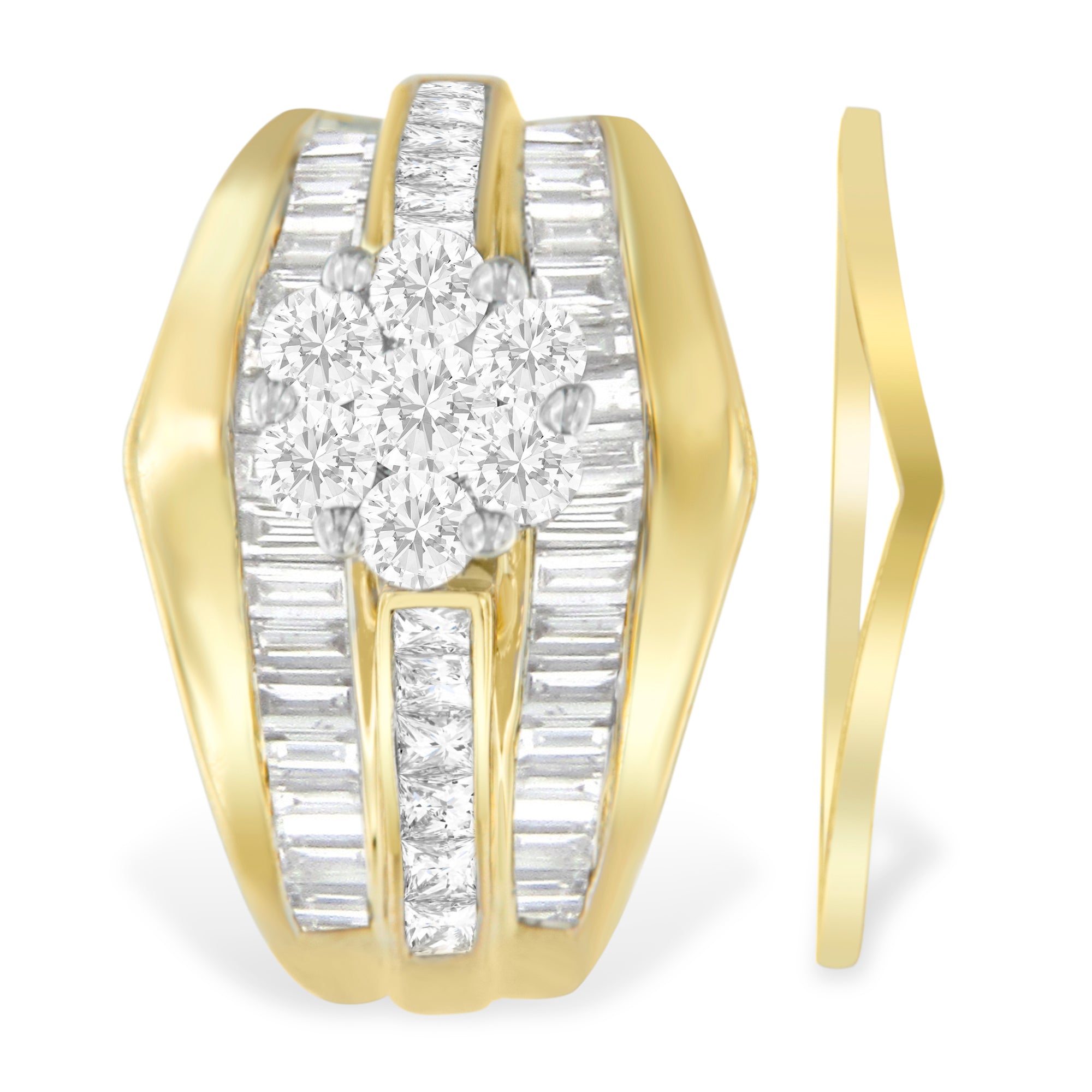 14K Yellow Gold 2-1/3 Cttw Diamond Cluster Channel Set Chevron Shaped Band Engagement Ring & Wedding Band Set