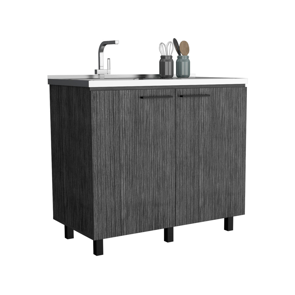 2 Freestanding Utility Base Cabinet with Stainless Steel Countertop and 2-Door, Smokey Oak