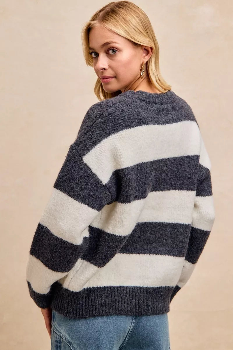 BiBi Wide Stripe Fuzzy Knit Round Neck Sweater