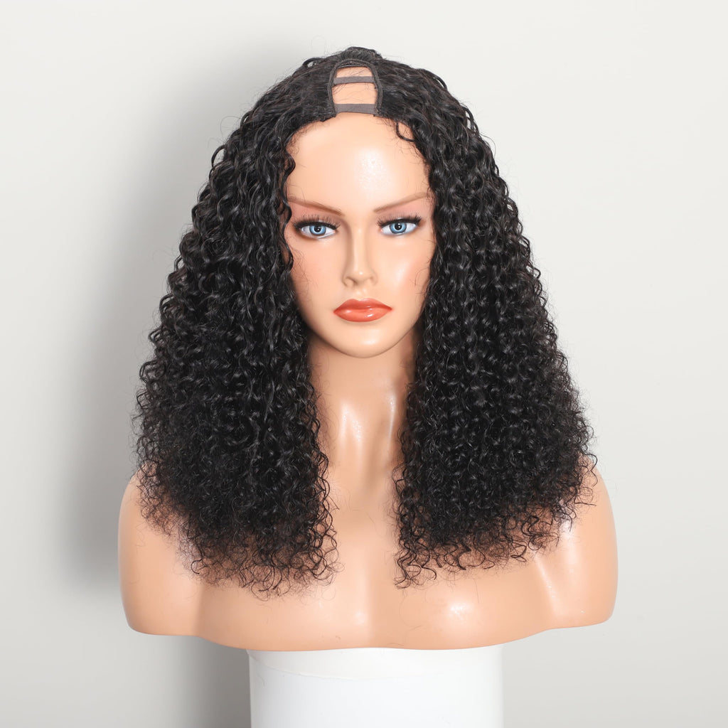 TINICOO Curly U Part Wig Human Hair Deep Curly U Part Human Hair for Black Woman Wig 200% Density Glueless Full Head Clip in Half Wig U Shape Wig Natural Color 20 Inch