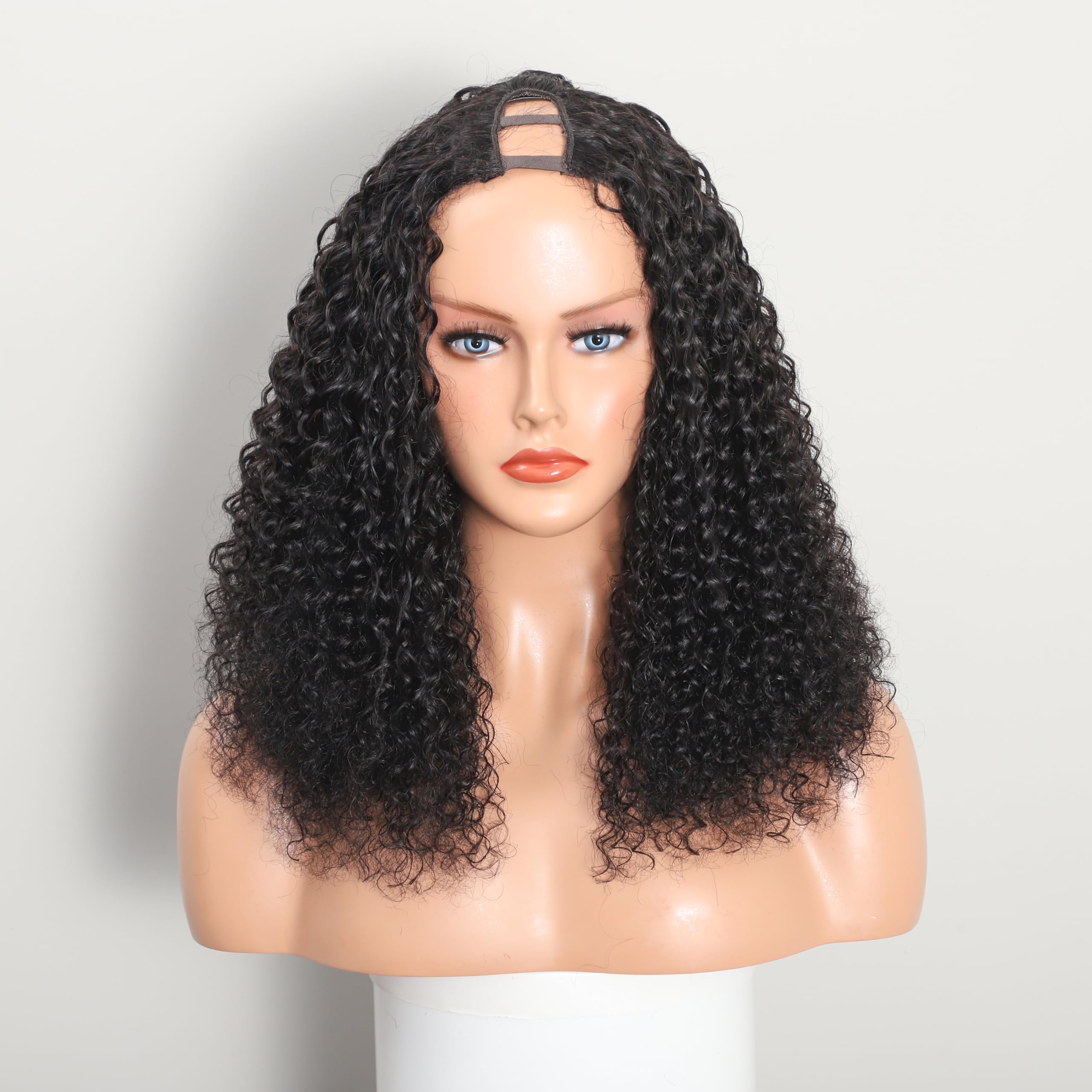 TINICOO Curly U Part Wig Human Hair Deep Curly U Part Human Hair for Black Woman Wig 200% Density Glueless Full Head Clip in Half Wig U Shape Wig Natural Color 20 Inch