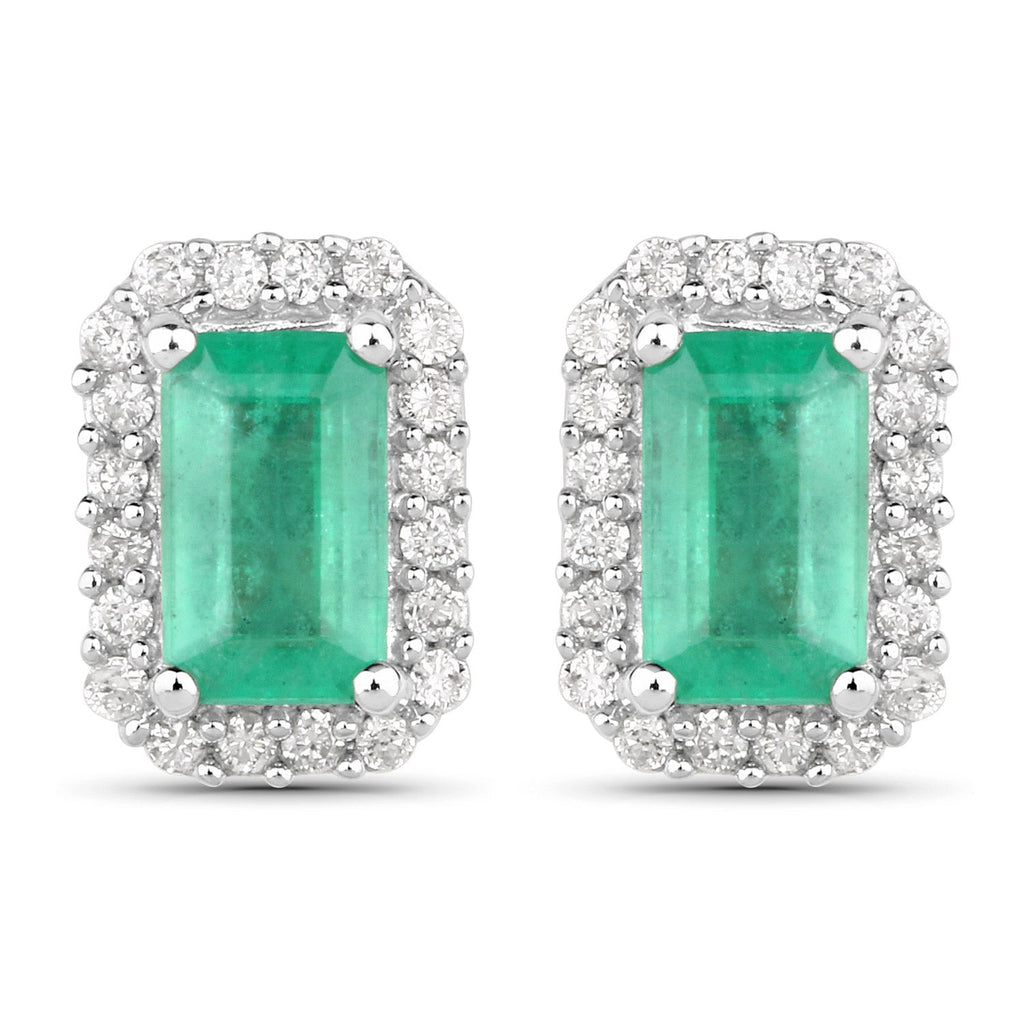0.91 Carat Genuine Zambian Emerald and White Diamond 14K White Gold Earrings