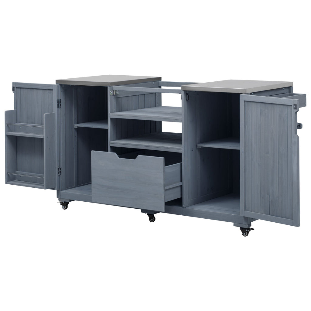 K&K 66.5' Outdoor Kitchen Island for Big Green Egg Grills, Solid Wood Outdoor Grill Cart for Tabletop Grill with Stainless Steel Top, Drawer, Compatible with Large Big Green Egg, Kamado Joe- Grey Blue