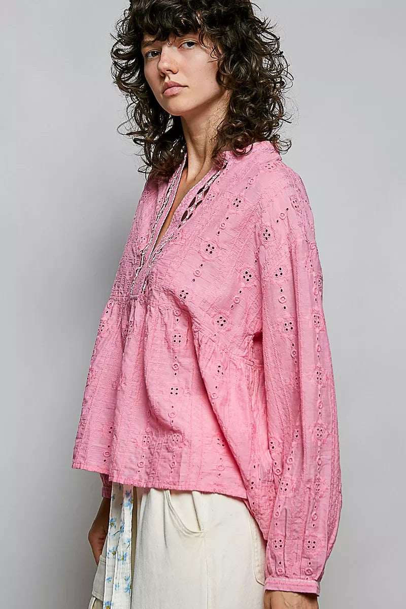 POL Eyelet Lace Split Neck Gathered Empire Waist Cotton Blouse