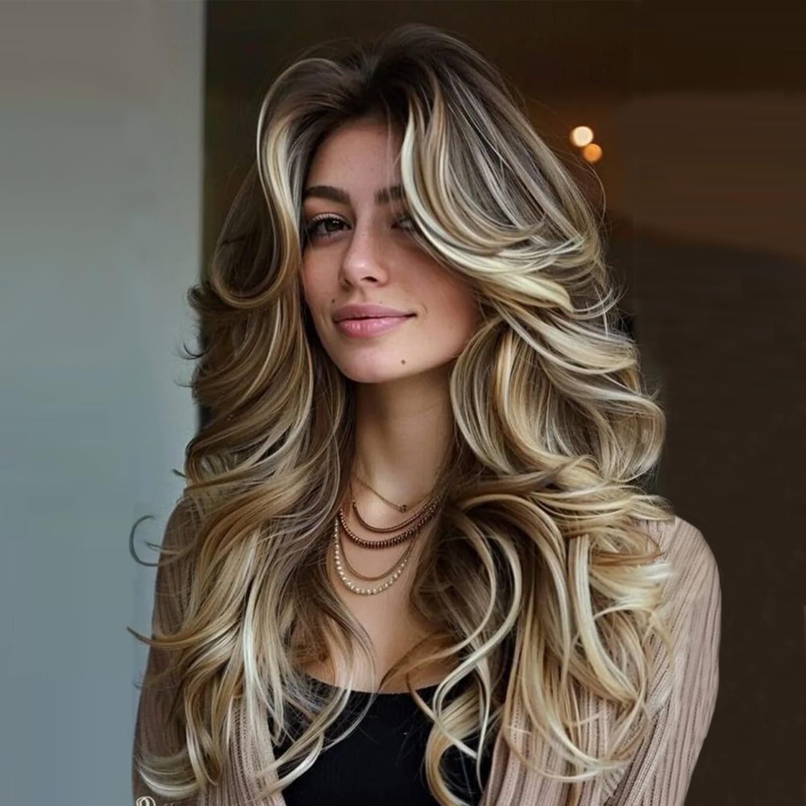 Aisaide Long Wavy Highlight Honey Brown Layered Wig with Curtain Bangs for Black Women Synthetic Ombre Ash Brown Layered Wig Long Wavy Blonde Wig Shaggy Wig for Women 24inch (6H27H613)