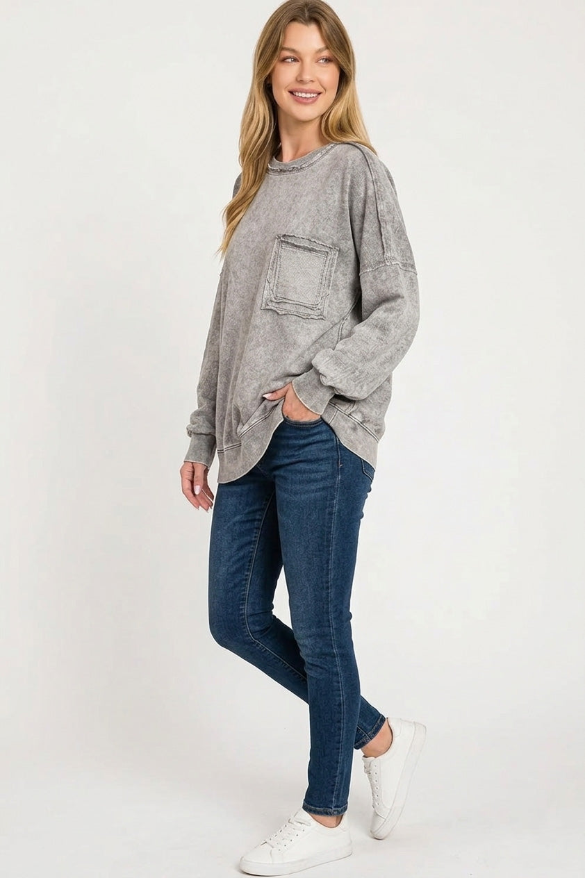 Zenana Halo Washed French Terry Exposed-seam Sweatshirt