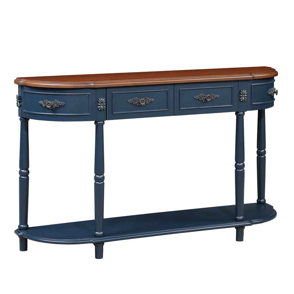 Retro Curved Wood Console Table, 52 inch Circular Half Moon Sofa Table with Open Shelf and 2 Drawers, Solid Wood Entry Table for Living Room, Hallway, Navy Blue + Brown Top