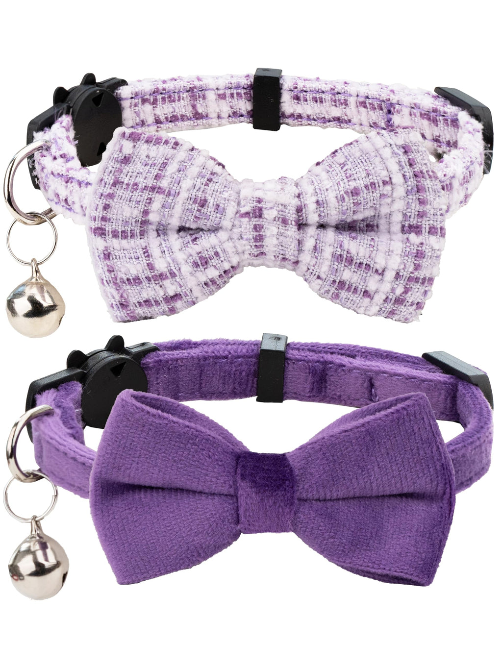 Gyapet Cat Collar with Bell Boy Girl Kitten Bow Tie Safety Breakaway Plaid Solid Color Gift Set Cute Festive B-[2pcs] Purple