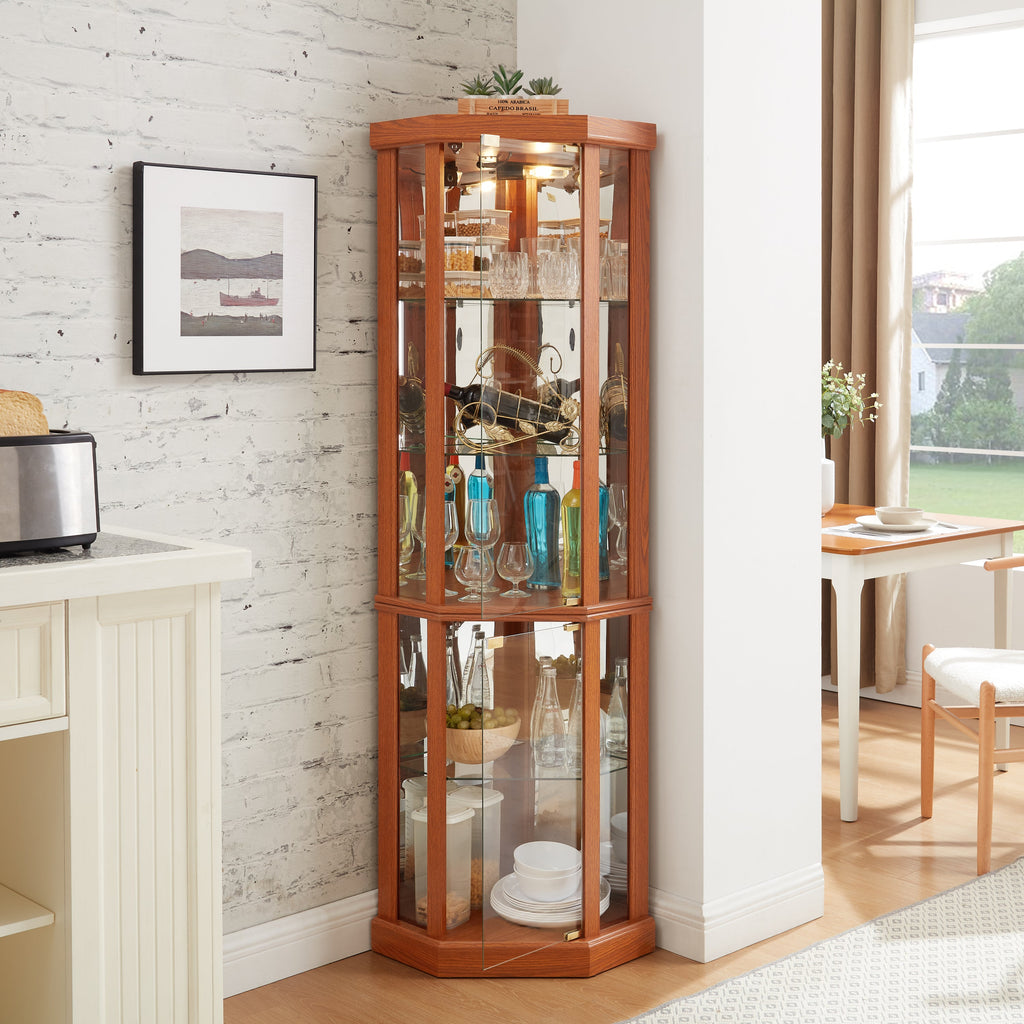 Corner Lighted Curio Cabinet Corner Glass Cabinet Lighted Curio Cabinet Corner Display Case for Living Room, Curio Cabinet, Antique collection, Wine,Bar Glass Storage Light Included,Dark oak