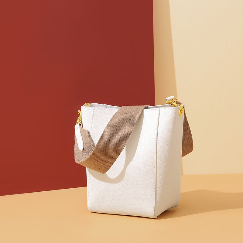 New Genuine Leather Bucket Bag with Wide Shoulder Strap