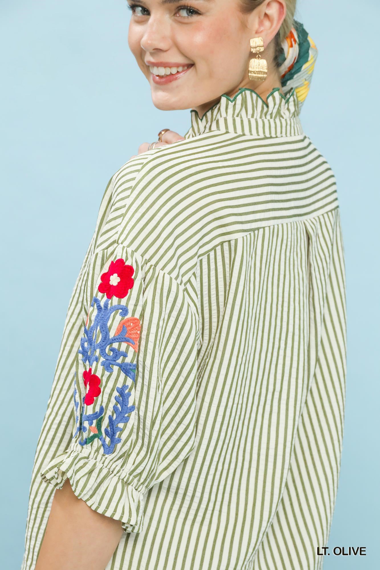 Umgee Embroidered Ruffle Trim Stripe Blouse