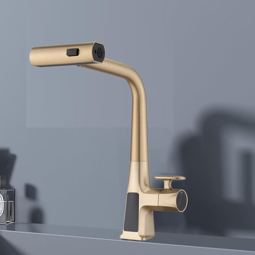 Brushed Gold Waterfall Kitchen Faucet with Temperature Display and Pull Down Sprayer