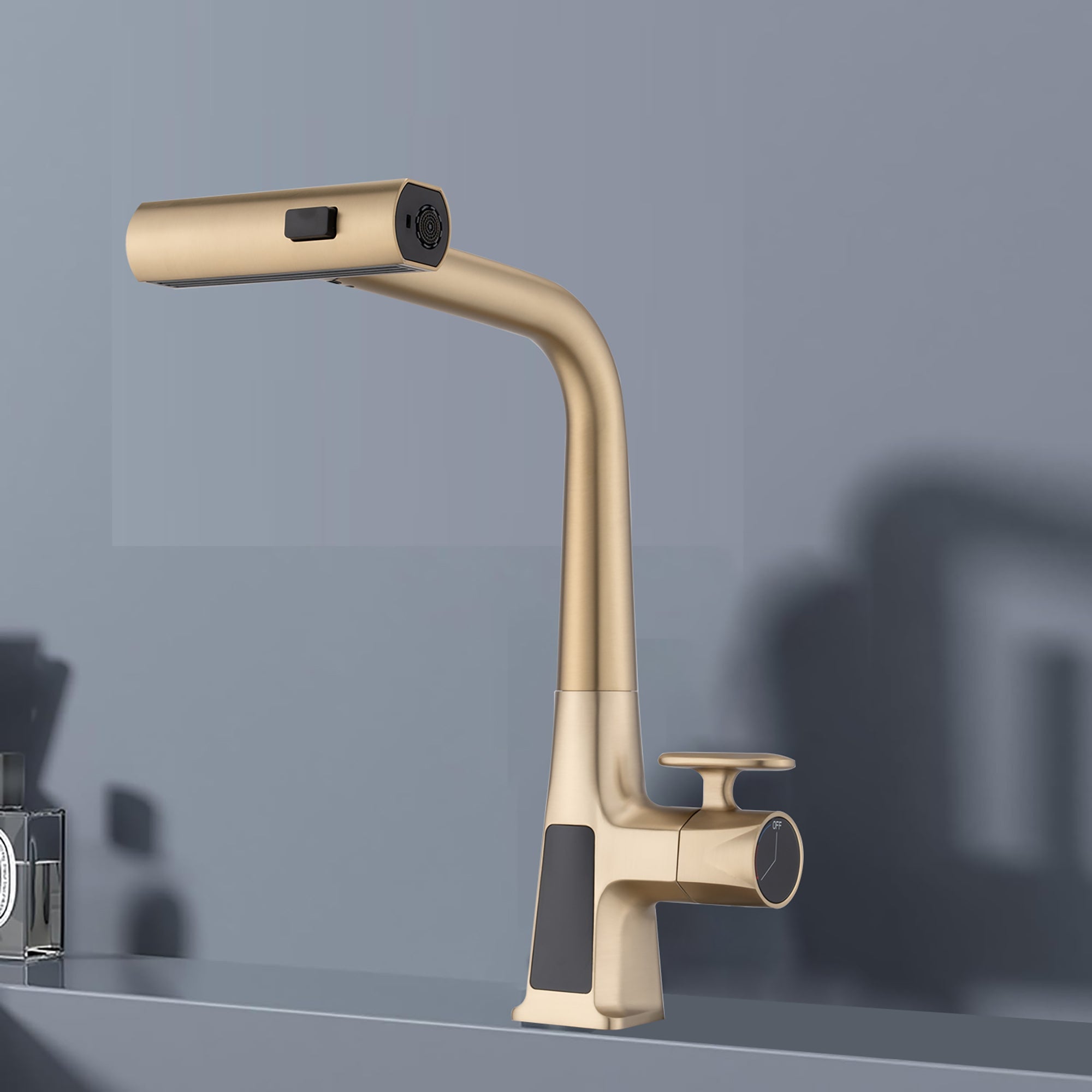Brushed Gold Waterfall Kitchen Faucet with Temperature Display and Pull Down Sprayer