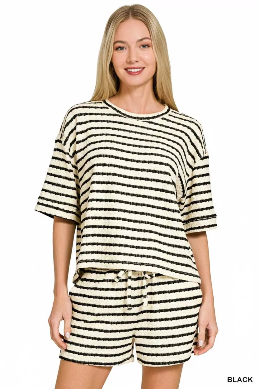Zenana Striped Short Sleeve Tee & Shorts Set