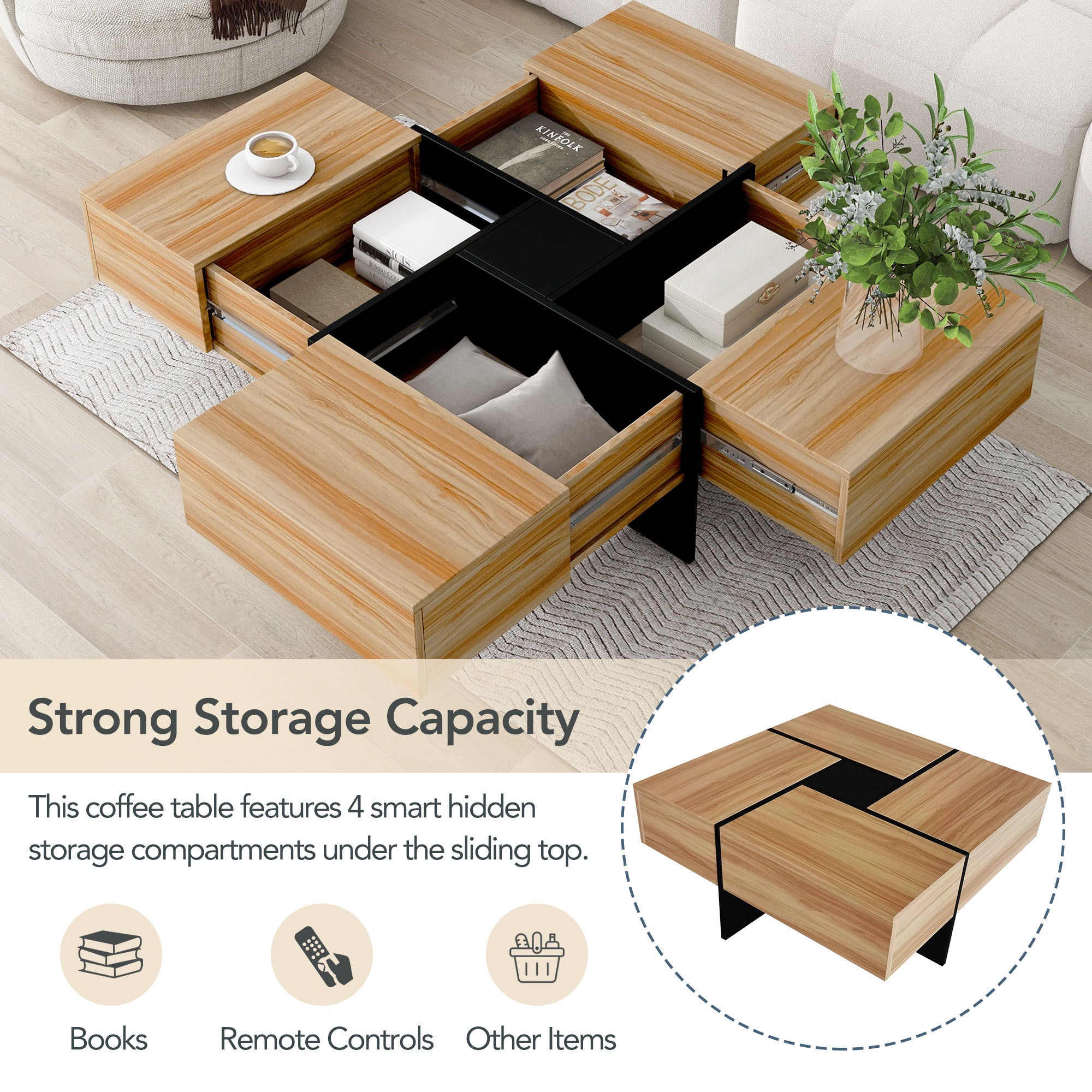 Hearth & Haven Wallace Coffee Table with 4 Hidden Storage Compartments, Brown