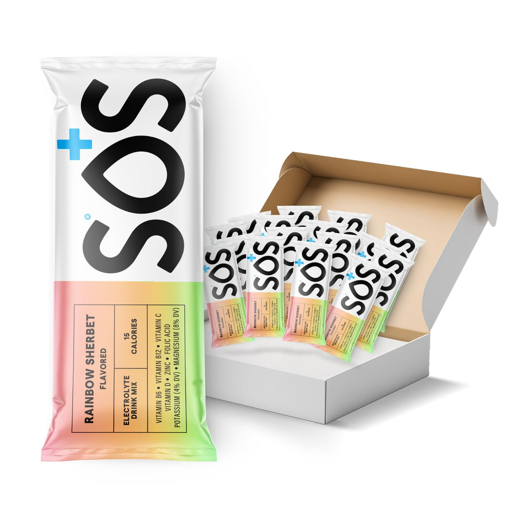 SOS Hydration Electrolyte Powder Drink Mix Packets | Daily Hydration & Energy | Added Essential Vitamins | Low Sugar | 20 Servings (Rainbow Sherbet)
