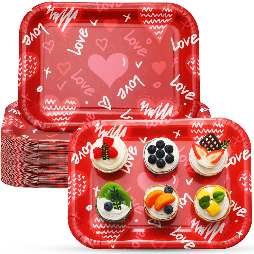 Ziliny 24 Pcs 13 x 9 Inch Valentines Day Disposable Paper Plates Love Serving Tray Rectangle Trays Valentine Happy Mothers Day Wedding Party Supplies for Food Snacks Cookies Dessert(Red)