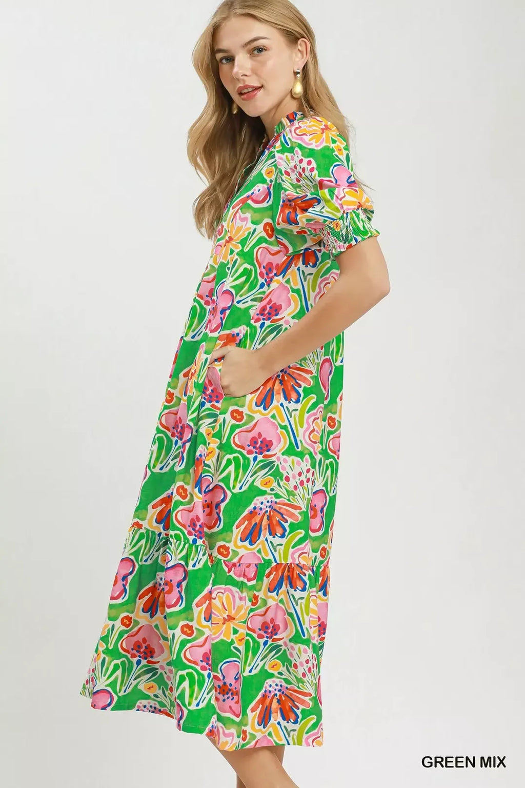 Umgee Floral Print Puff Sleeve Tiered Midi Dress