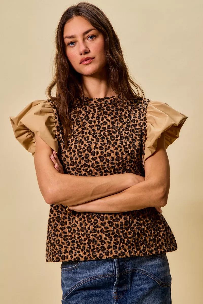SO ME Leopard Pointelle Knit Top with Puff Sleeves