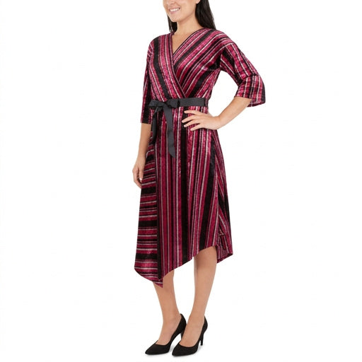 Ny Collection Striped Velvet Faux-Wrap Dress, Size Small