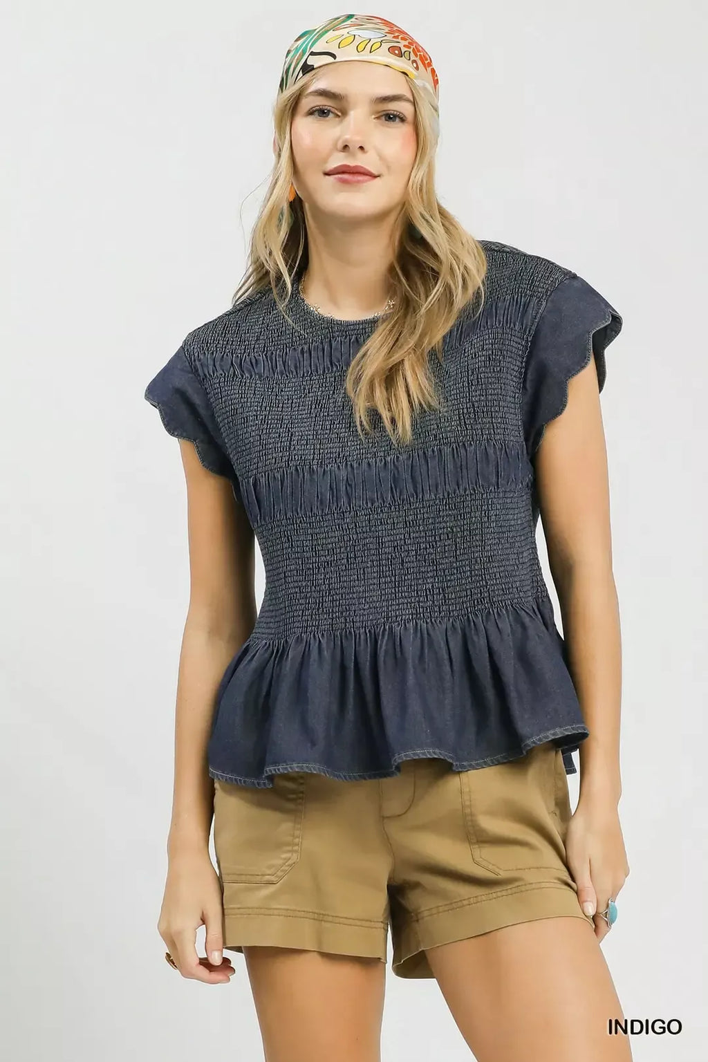 Umgee Smocked Peplum Top with Scalloped Ruffle Cap Sleeves