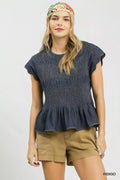 Umgee Smocked Peplum Top with Scalloped Ruffle Cap Sleeves